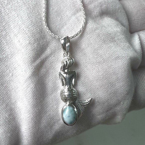 .925 Sterling Silver Natural Larimar Mermaid Silhouette Becklace - Picture 4 of 16